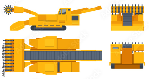 Isometric tunneling drilling rigs, self-propelled drilling rigs. Bucket-wheel excavator, heavy equipment used in surface mining. Mining quarry, mine. View front, rear, side and top.