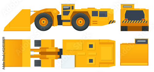 Underground Mining Trucks. Underground loader, excavator. Equipment for high-mining industry. Mining quarry, mine. View front, rear, side and top.