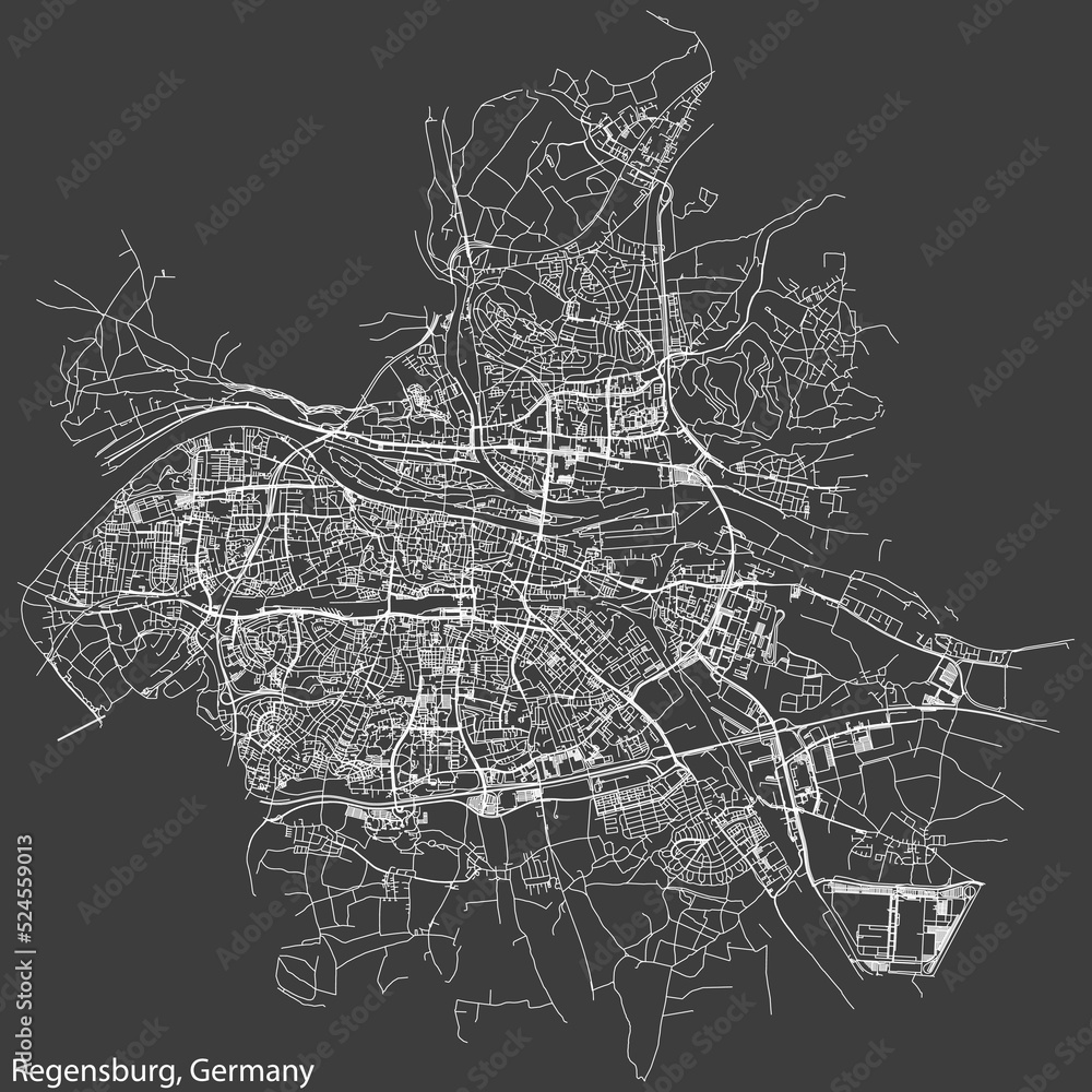 Detailed negative navigation white lines urban street roads map of the German regional capital city of REGENSBURG, GERMANY on dark gray background