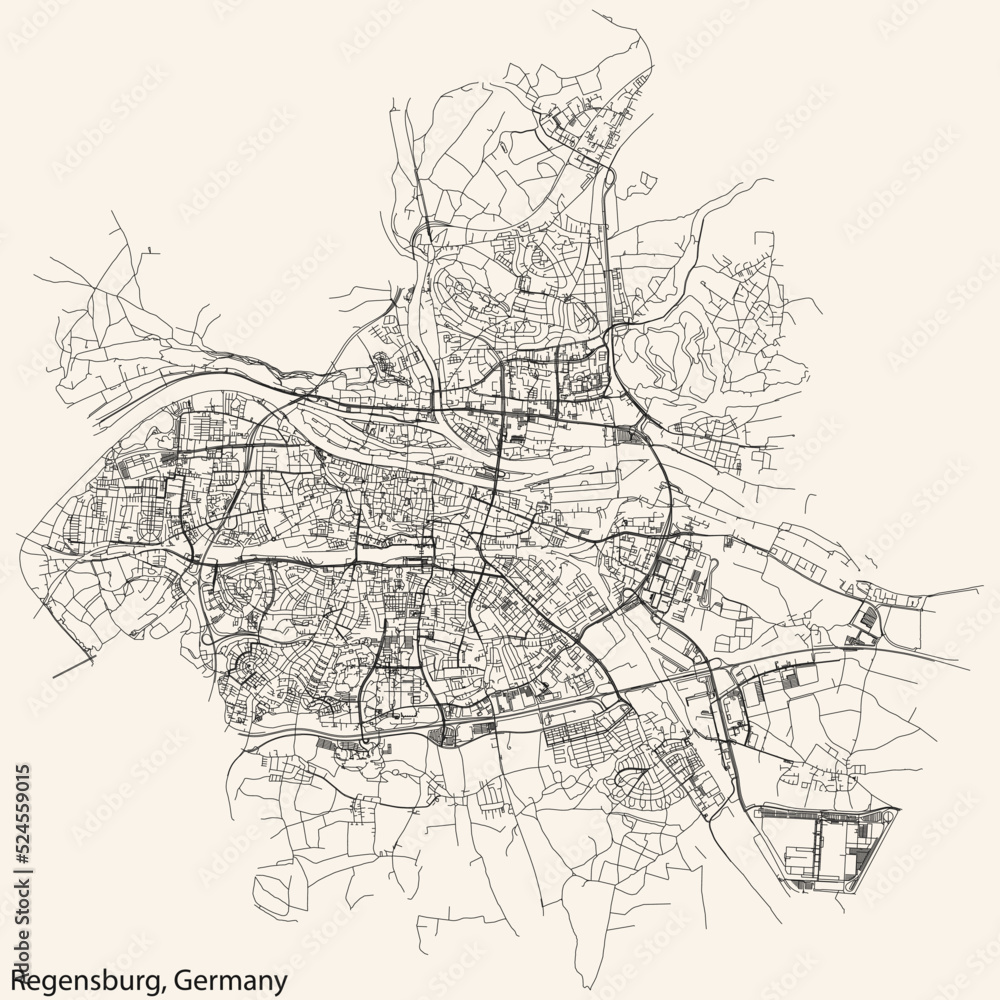 Detailed navigation black lines urban street roads map of the German regional capital city of REGENSBURG, GERMANY on vintage beige background
