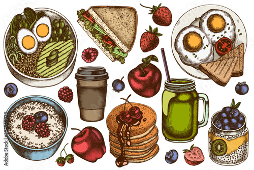 Breakfast hand drawn vector illustrations collection. Colored sandwich, pancakes, bowl with avocado, porridge with berries, chia pudding, fried eggs, raspberry, blueberry, strawberry, apples, paper