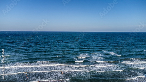 Aerial view to tropical sandy beach and blue ocean stock photo