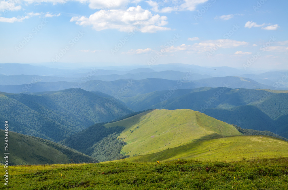 Summer mountain landscape with green pasture meadow and forest on the hills beneath blue sky with clouds. Borzhava wonderful travel destination of Carpathians, Ukraine