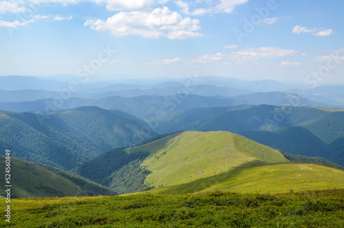 Summer mountain landscape with green pasture meadow and forest on the hills beneath blue sky with clouds. Borzhava wonderful travel destination of Carpathians, Ukraine