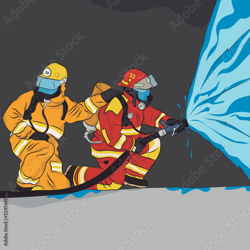 Street with firefighters putting out the fire vector illustration.