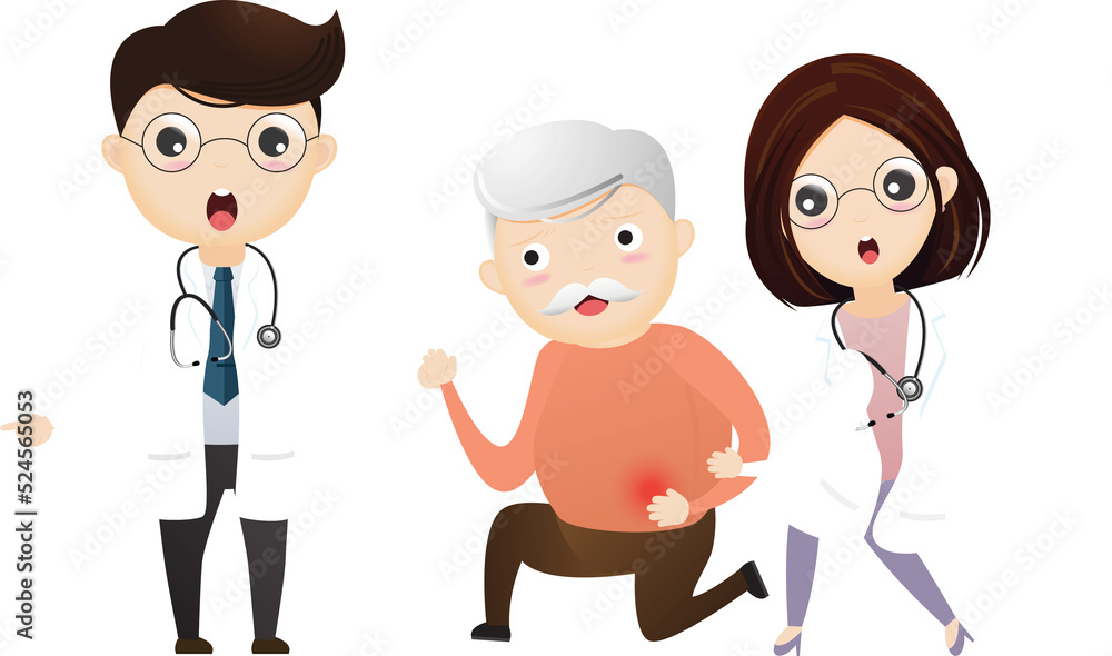 Health care. Doctor helping old man with stomachache. Elderly man suffering from stomachache. Health care. Doctor helping old man with stomachache. Elderly man suffering from stomachache.