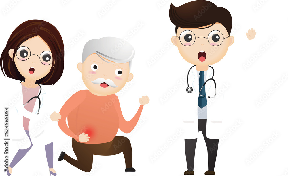 Health care. Doctor helping old man with stomachache. Elderly man suffering from stomachache. Health care. Doctor helping old man with stomachache. Elderly man suffering from stomachache.
