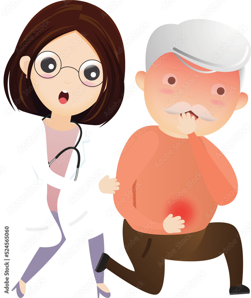 Health care. Doctor helping old man with stomachache. Elderly man suffering from stomachache.