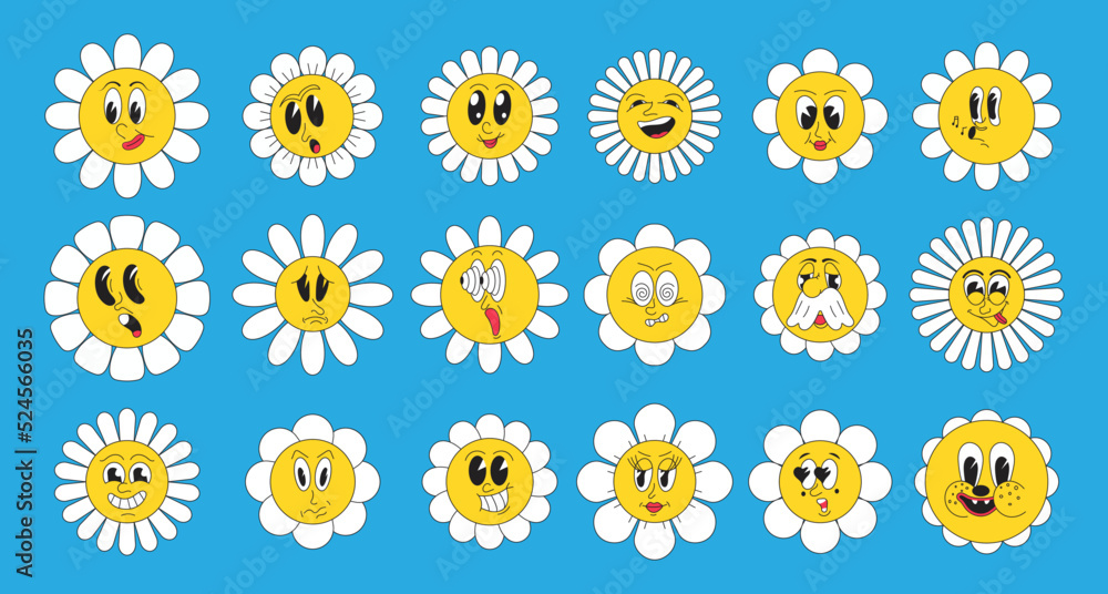 Crasy, groovy hippie 70s, 60s, 30s set vector. Funny cartoon chamomile with faces. Daisy retro flower illustration. Plant with mascot. Crasy, groovy hippie 70s, 60s, 30s set vector. Funny cartoon chamomile with faces. Daisy retro flower illustration. Plant with mascot.