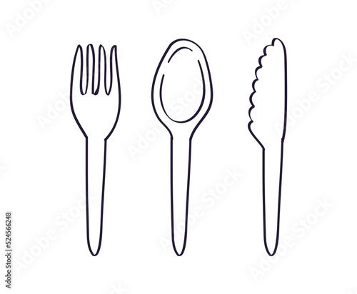 Disposable plastic tableware set, fork, spoon, knife, isolated hand drawn doodle line sketch vector illustration.