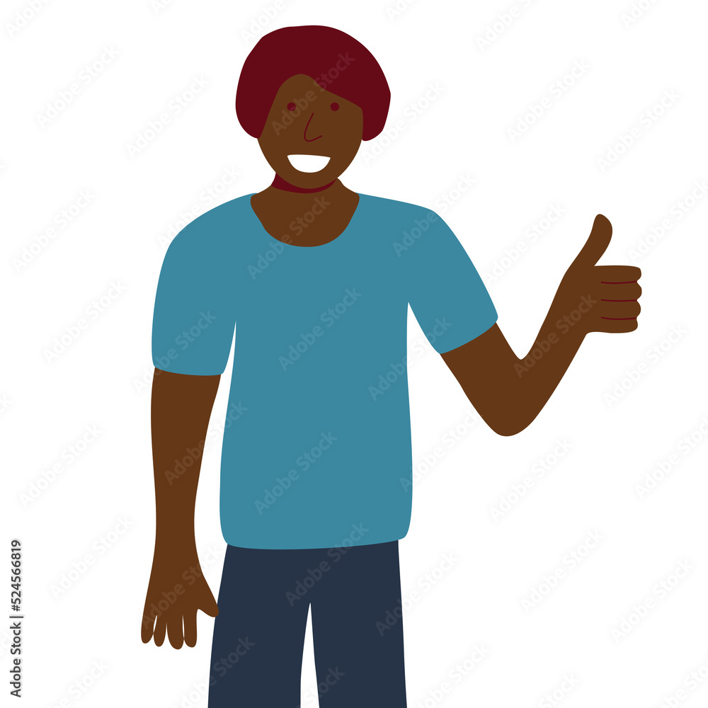 Afro American or Indian boy show positive emotions with thumb up gesture, approval sign, flat vector Afro American or Indian boy show positive emotions with thumb up gesture, approval sign, flat vector