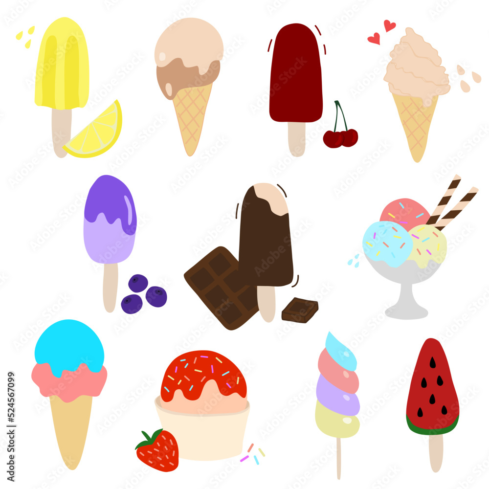 Set of different ice cream, lollipop and popsicle, flat vector doodle