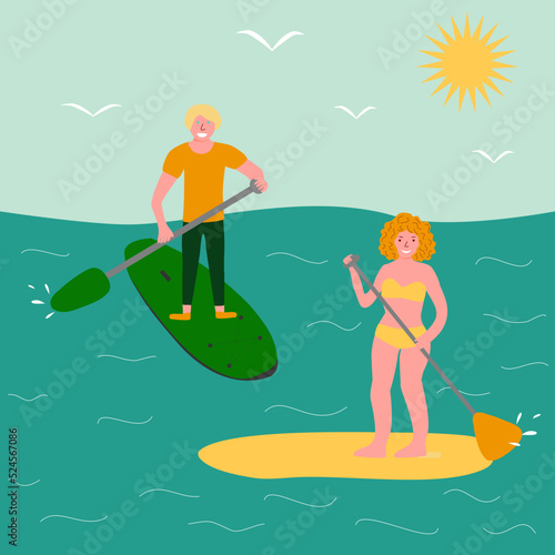 Young happy man and woman standing up on paddle boards, surfing in ocean or sea, vector