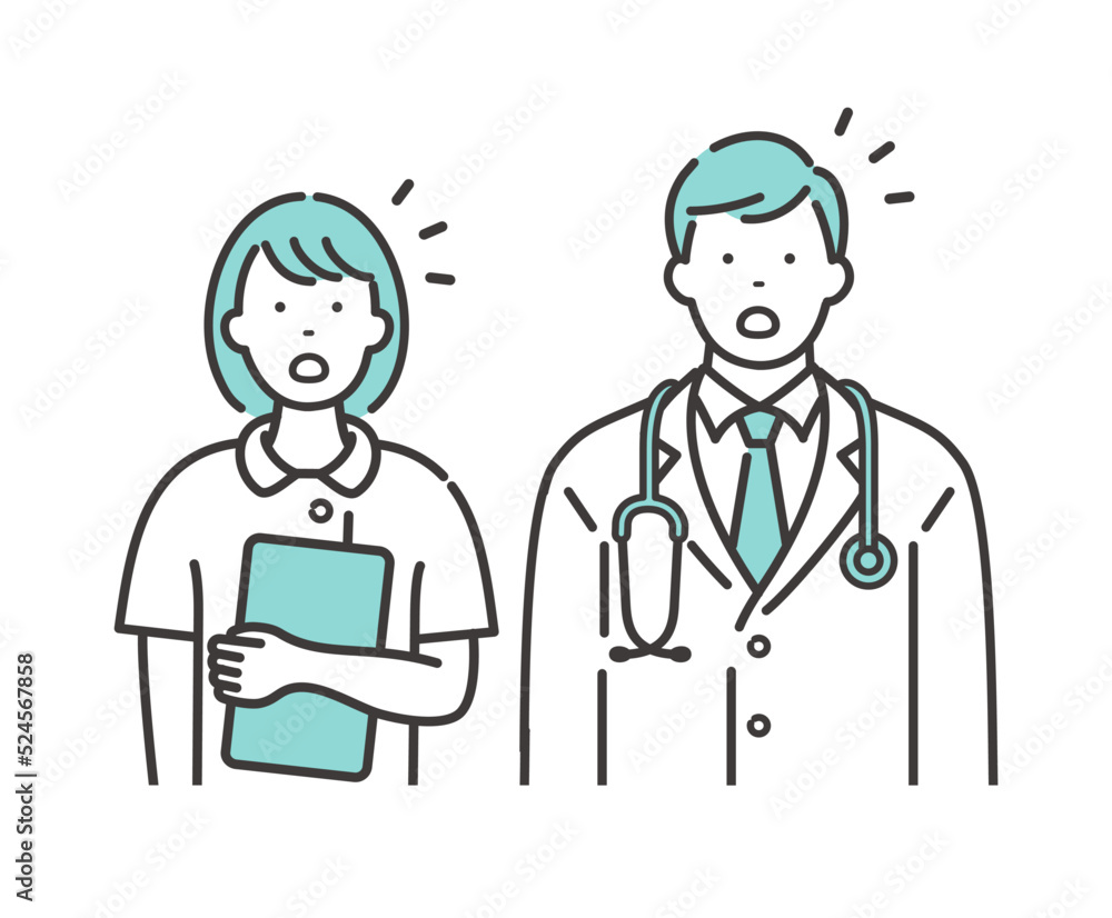 若い男性医師と女性看護師 驚いた表情 若い男性医師と女性看護師 驚いた表情