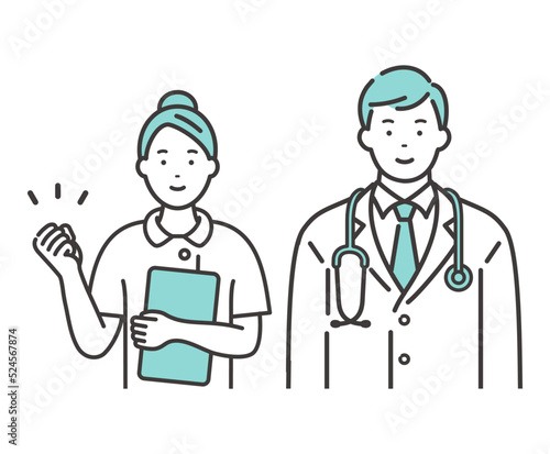 頑張る若い男性医師と女性看護師　ガッツポーズ