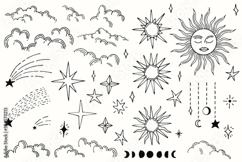 Hand draw elements set collection stars and sun vector photo