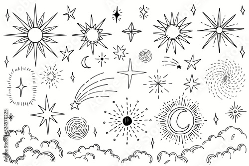 Hand draw elements set collection stars and sun vector