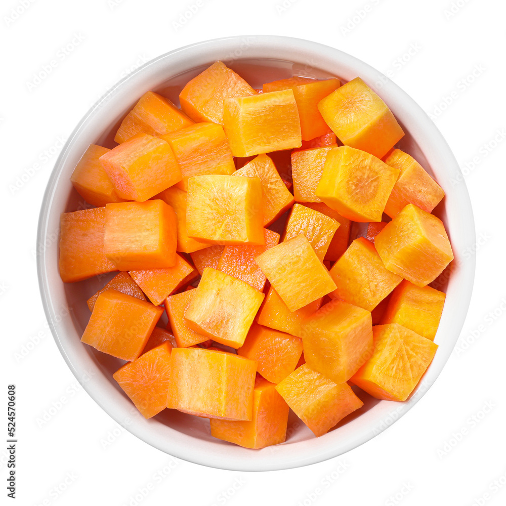 Bowl of delicious diced carrots isolated on white, top view Bowl of delicious diced carrots isolated on white, top view