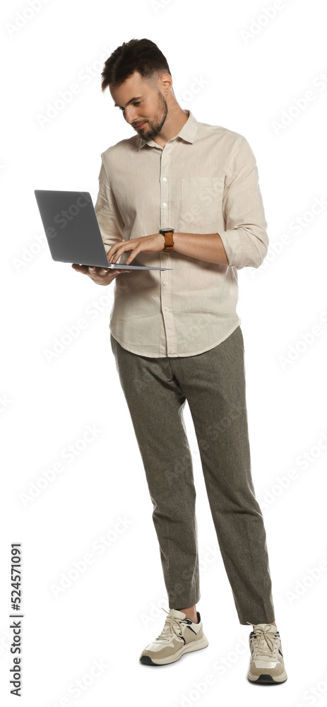 Handsome man working with laptop on white background Handsome man working with laptop on white background