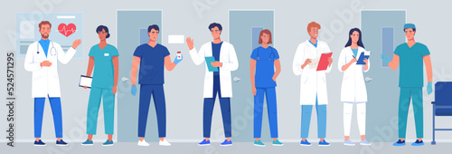 Medical workers, doctors and nurses in the hospital. Medical uniform vector illustration