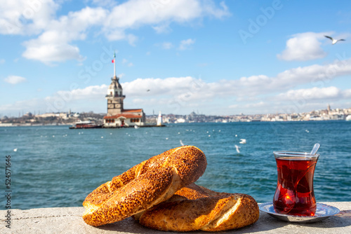 Maiden Tower (Kiz Kulesi) and Turkish tea, Turkish bagel, Istanbul / Turkey