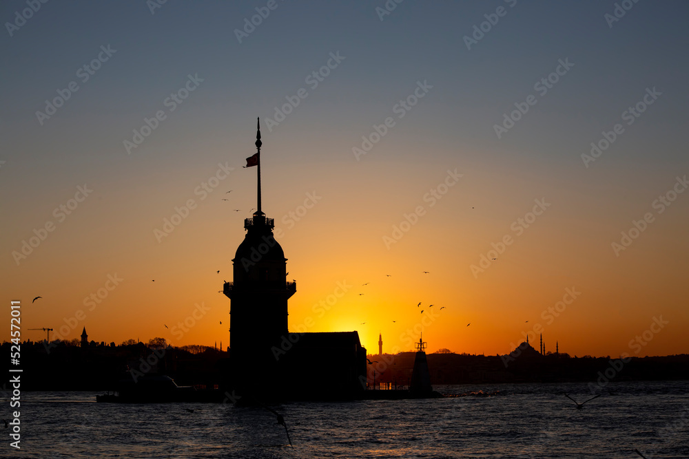 Maiden's Tower (Kiz Kulesi) Sunset in Istanbul, Turkey.