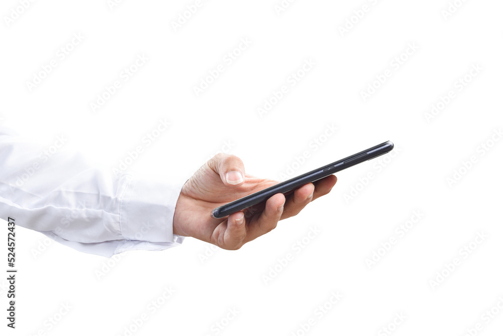 Business hand holding mobile phone isolated on transparent background - PNG format. Business hand holding mobile phone isolated on transparent background - PNG format.