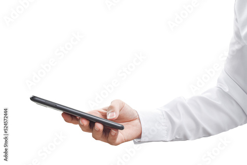 Business hand holding mobile phone isolated on transparent background - PNG format.