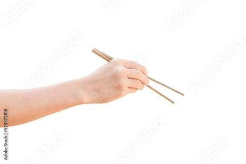 hand holding wooden chopsticks isolated on transparent background - PNG format.