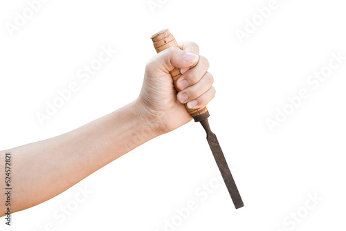 Hand holding old rusty chisel isolated on transparent background - PNG format. photo