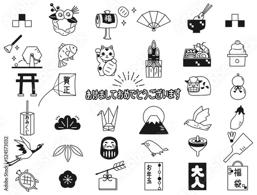 	年賀状などに使えるお正月のイラストセット　白黒モノクロ線画バージョン