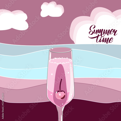 Vector illustration with pink mimosa cocktail and seascape and text Summer time in flat technique 