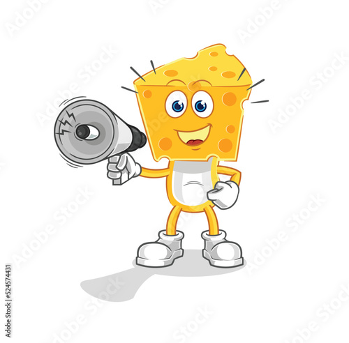 cheese head holding hand loudspeakers vector. cartoon character
