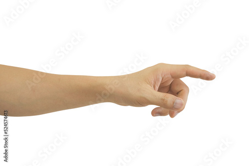 Man's hand pointing at something isolated on transparent background - PNG format.