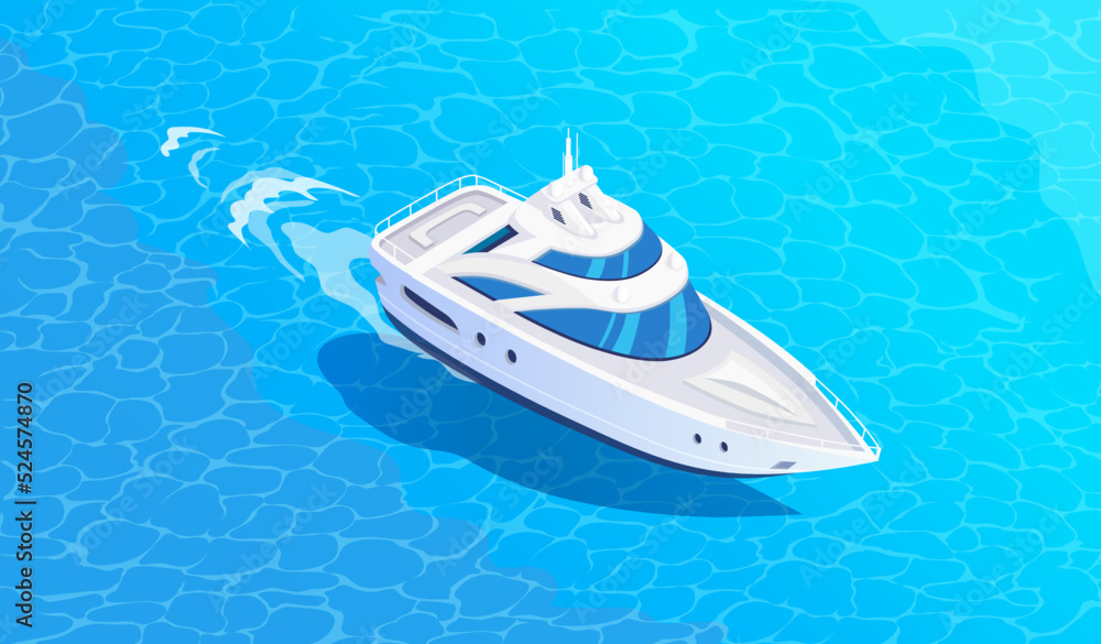 Isometric white boat in ocean water vector illustration - obrazy, fototapety, plakaty 