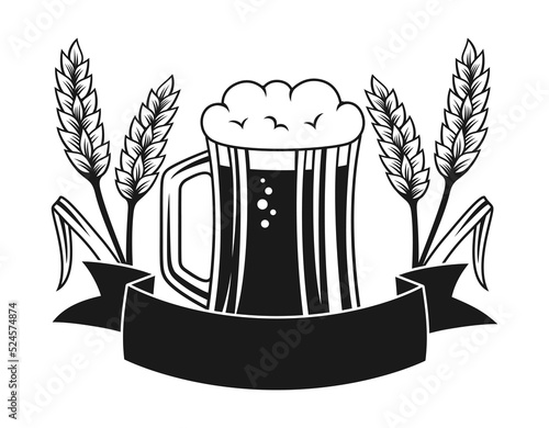 Beer festival Oktoberfest engraving design. Brewing company emblem. Monochrome stamp cup, wheat ear, ribbon for text. Alcohol bar background template, brewing emblem, vintage label lager ale vector