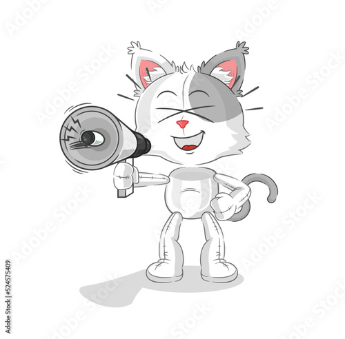 cat holding hand loudspeakers vector. cartoon character