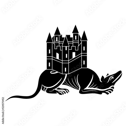 Lying dog holding medieval castle on its back. Creative concept. Black and white silhouette.