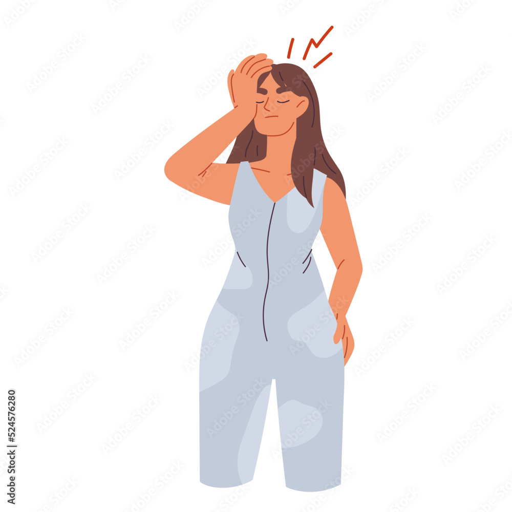 Woman suffers from a headache. Migraines and fatigue. Symptom of a viral disease. Woman with tired or depression symptoms. Isolated vector illustration