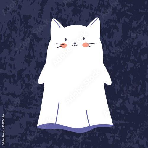 Funny Halloween ghost in cat costume. Happy spooky creepy phantom with cat face. Cute adorable magic spirit. Flat vector illustration