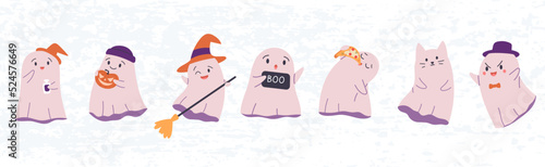 Happy Halloween banner or party invitation with cute ghosts in different costumes. Kawaii spooky character for children. Flat vector illustration.