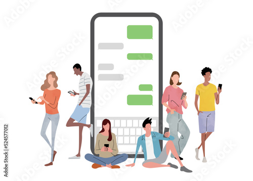 ベクターイラスト素材：スマホでメッセージのやり取りをする人々
