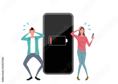 ベクターイラスト素材：スマホのバッテリーが減って困る男性と女性
