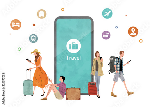 ベクターイラスト素材：旅行でスマホを活用する人々
