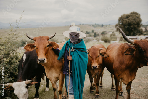 shepherd wearing a tribal mask with his herd of cows
