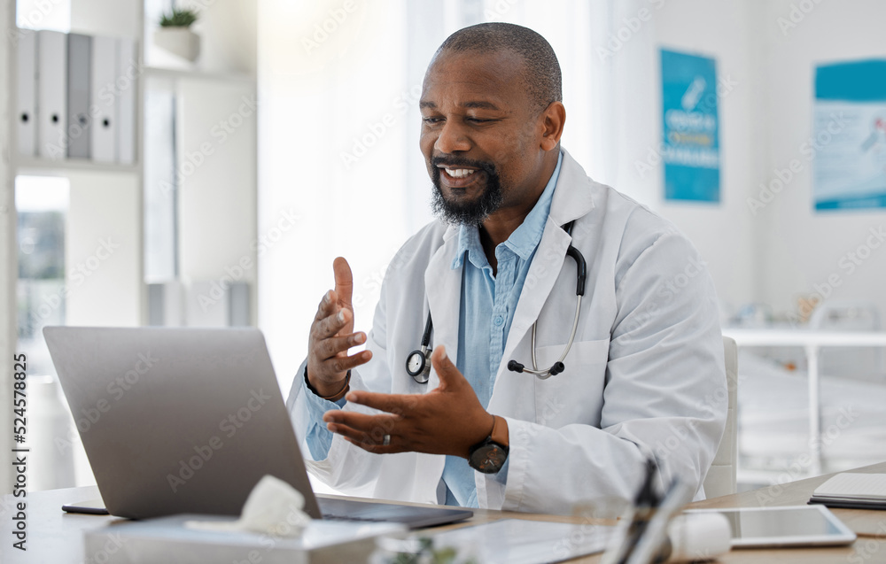 Telemedicine, healthcare and video call with doctor talking on laptop to online patient during a consultation. Happy black professional offering support or medical advice during a medical appointment Telemedicine, healthcare and video call with doctor talking on laptop to online patient during a consultation. Happy black professional offering support or medical advice during a medical appointment
