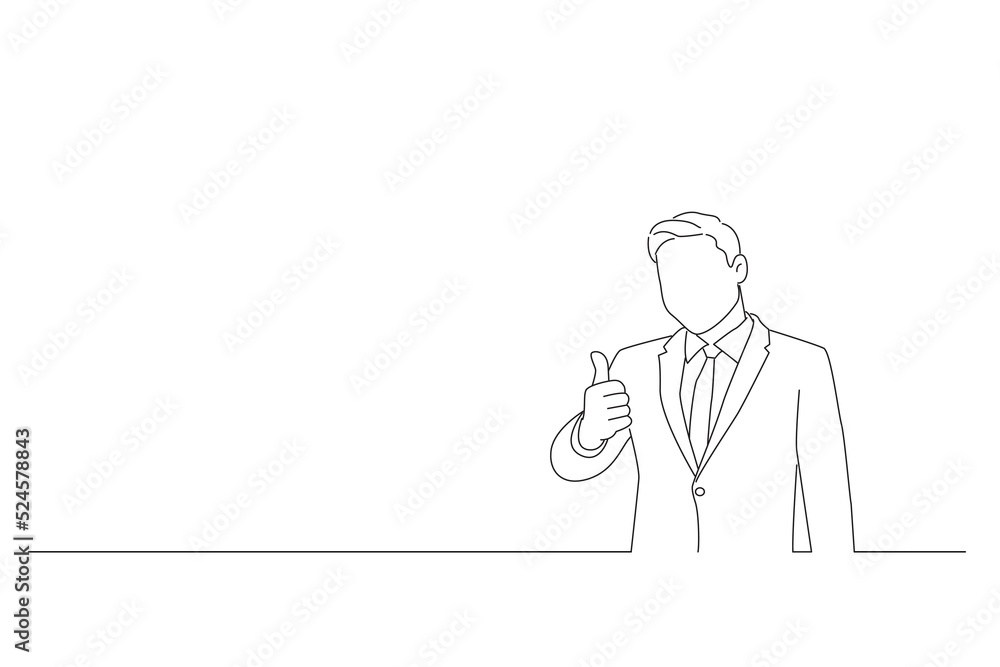 Illustration of young smiling businessman showing thumbs up sign. Line art style Illustration of young smiling businessman showing thumbs up sign. Line art style