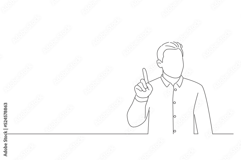 Cartoon of young handsome man showing and pointing up with finger number one while smiling confident and happy. One line art Cartoon of young handsome man showing and pointing up with finger number one while smiling confident and happy. One line art