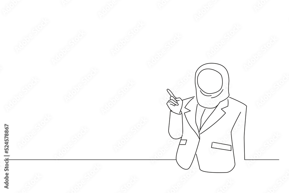 Cartoon of beautiful young asian muslim businesswoman pointing finger to empty space. Oneline art drawing style