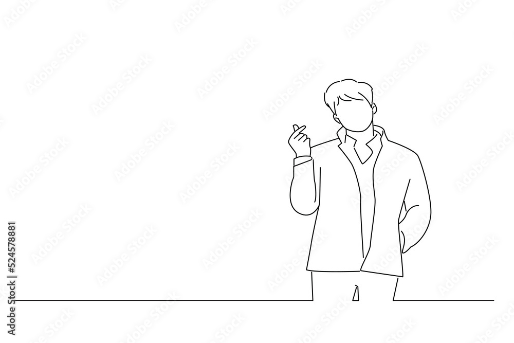 Cartoon of handsome young businessman showing mini heart or heart shaped hands gesture. Line art style Cartoon of handsome young businessman showing mini heart or heart shaped hands gesture. Line art style
